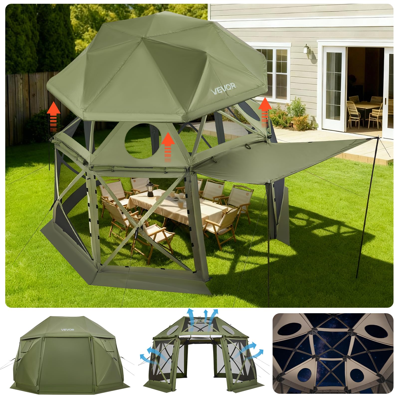 VEVOR Pop up Gazebo Screen Tent, 13 x 13 ft, 13-Sided Spherical Camping Canopy Tent with Removable Top & Carry Bag, Quick-Set & Bite-Proof, Screen