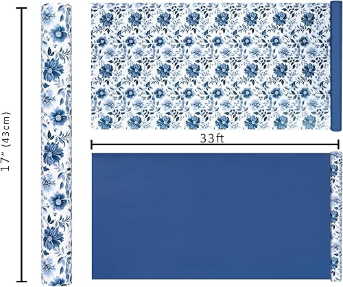 Miniatura 7 de LaRibbons Rollo de papel de regalo reversible floral azul, 17 pulgadas x 33 pies (46.7 pies cuadrados), diseño de peonía azul y blanco para regalo