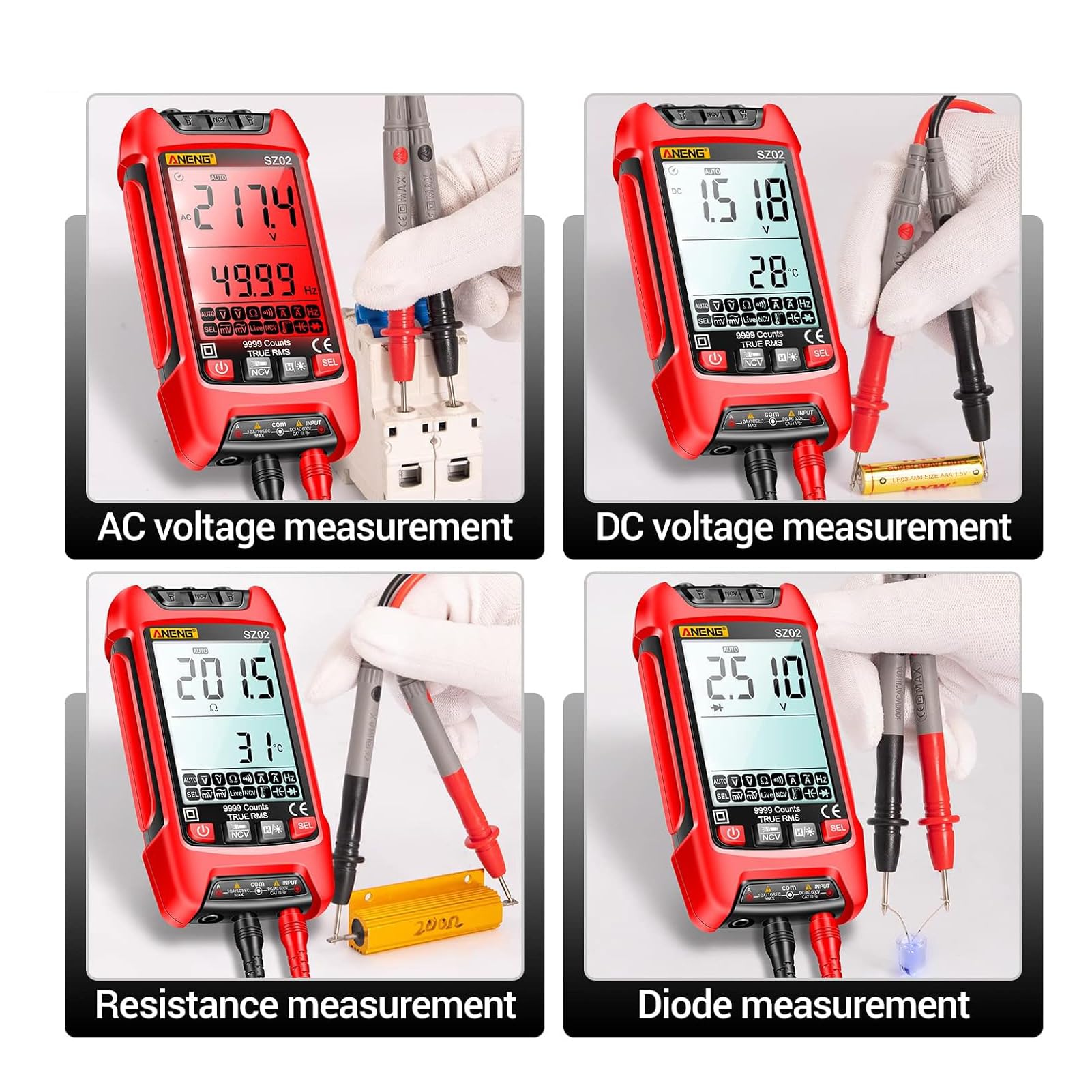 SZ02 Multimètre numérique avec 9999 comptes, ampèremètre intelligent True RMS, mesure la tension, la continuité, la résistance pour électriciens.