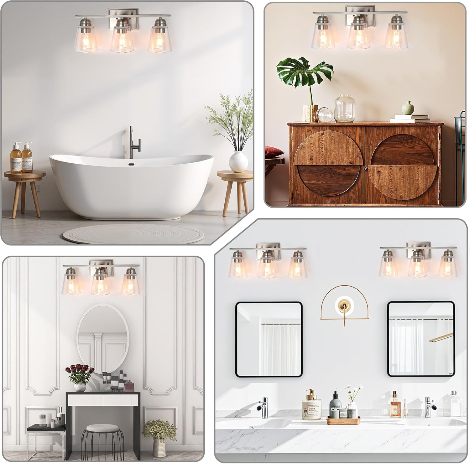 Diagram showing the dimensions of the towel bar, towel ring, toilet paper holder, and robe hook, including length, width, and height for each accessory.