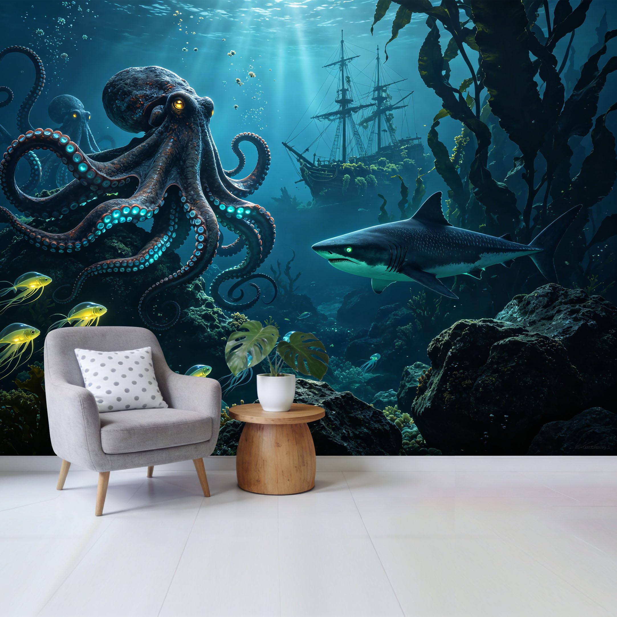 Custom Size Wall Mural Giant Octopus and Shark Sunken Ship Underwater Marine Scene Removable Self Adhesive Fabric Home Wall Decor for Living Room Bedroom Bathroom