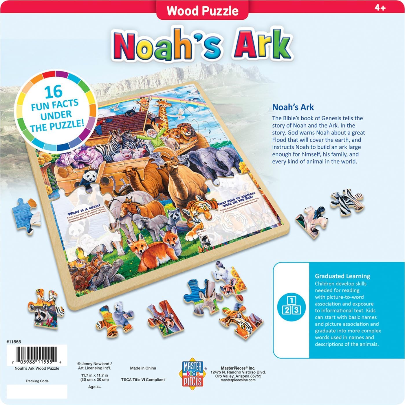 Masterpieces 48 Piece Fun Facts Jigsaw Puzzle for Kids - Noah’s Ark Wood Puzzle - 12"x12"