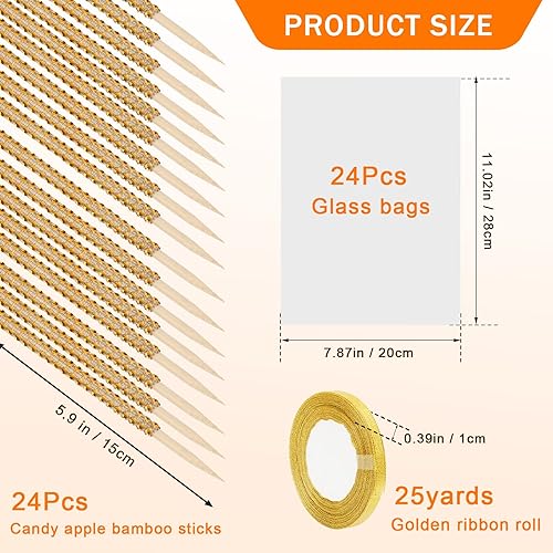 Miniatura 2 de Kit de 24 palos para manzanas de caramelo, 24 palos brillantes para manzanas con pedrería de rinestone de madera con 24 bolsas 25 yardas de cinta
