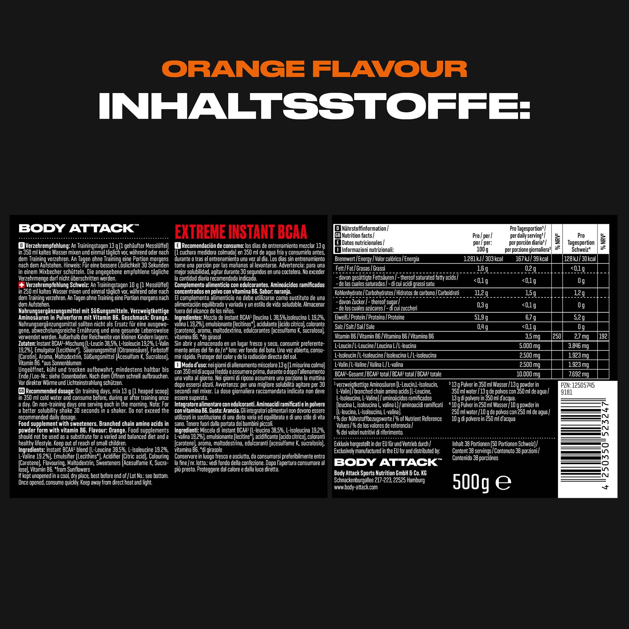 Body attack Extreme Instant BCAA - 500 g - Orange - Made in Germany - Gut lösliches, veganes BCAA Pulver im Verhältnis 2:1:1 - Zuckerfreie Aminosäuren für intensives Training - Mit L-Leucin