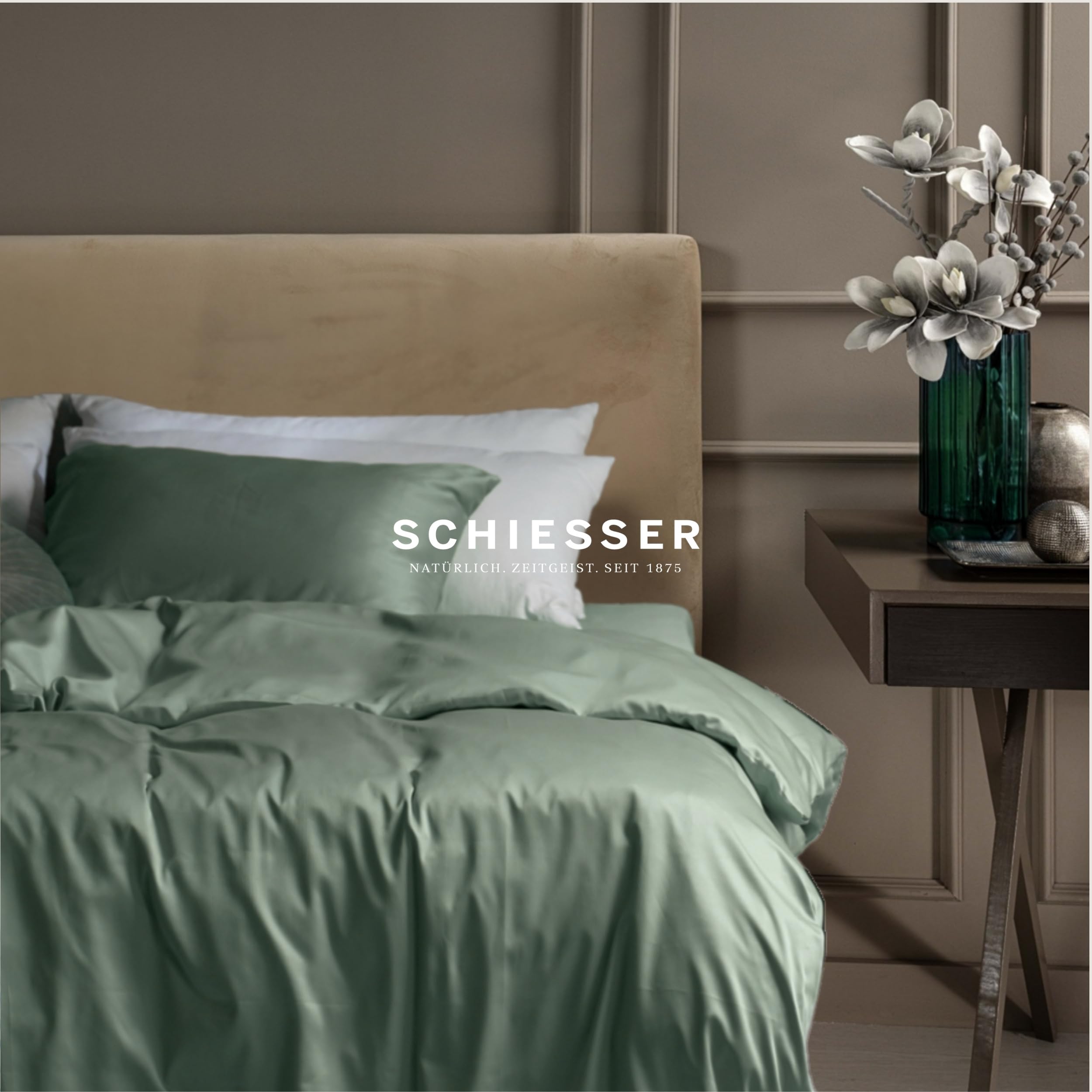 Schiesser Bettwäscheset Ella | 2-teilig | Uni | Satin | 100% Baumwolle | Oeko-TEX | Reißverschluss | 135x200cm + 80x80cm | Dunkelgrün