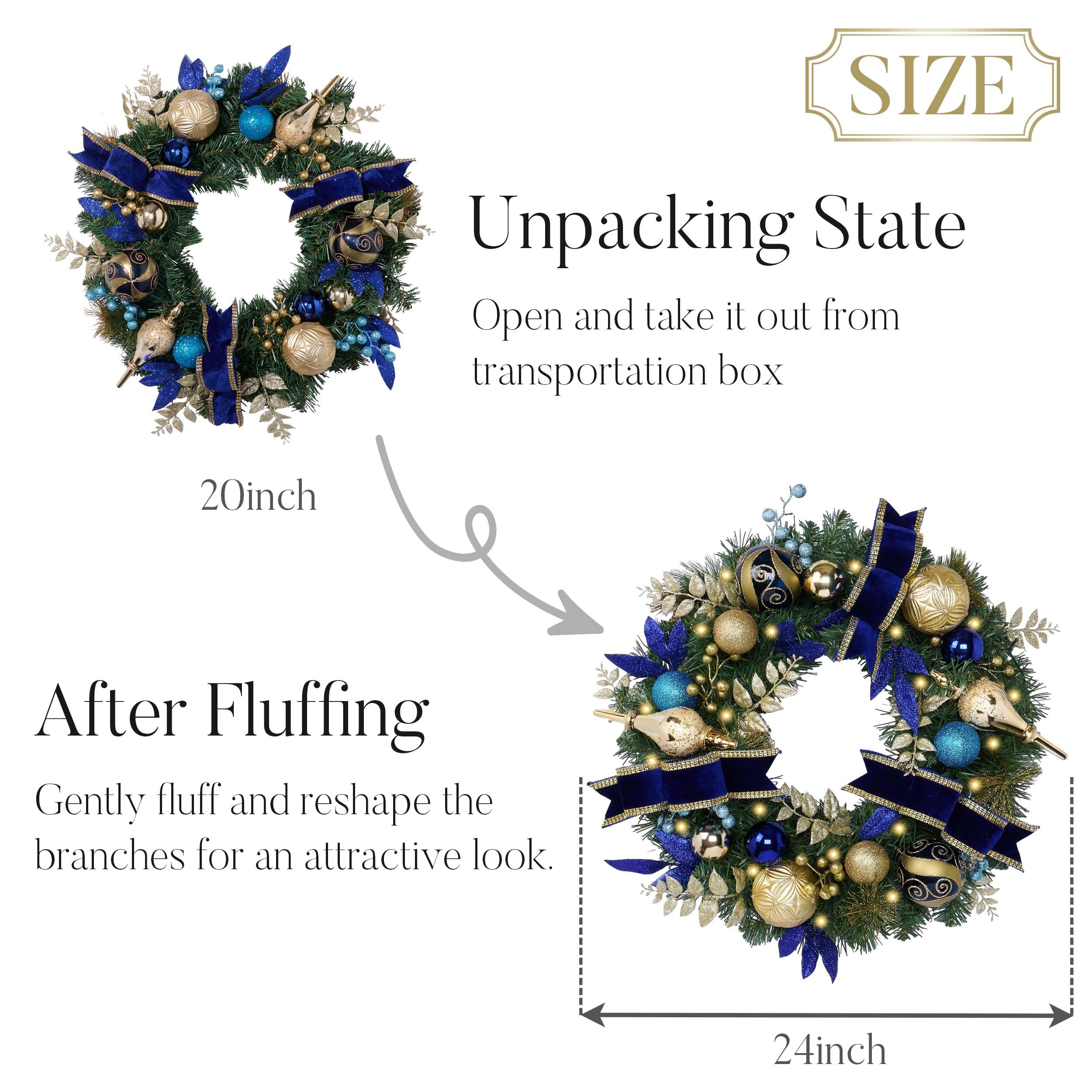 Valery Madelyn Couronne de Noël pré-éclairée pour porte d'entrée, grande couronne de Noël de 61 cm avec boules de Noël bleues pour cheminée, fenêtre, table d'extérieur, centre de table, décoration de
