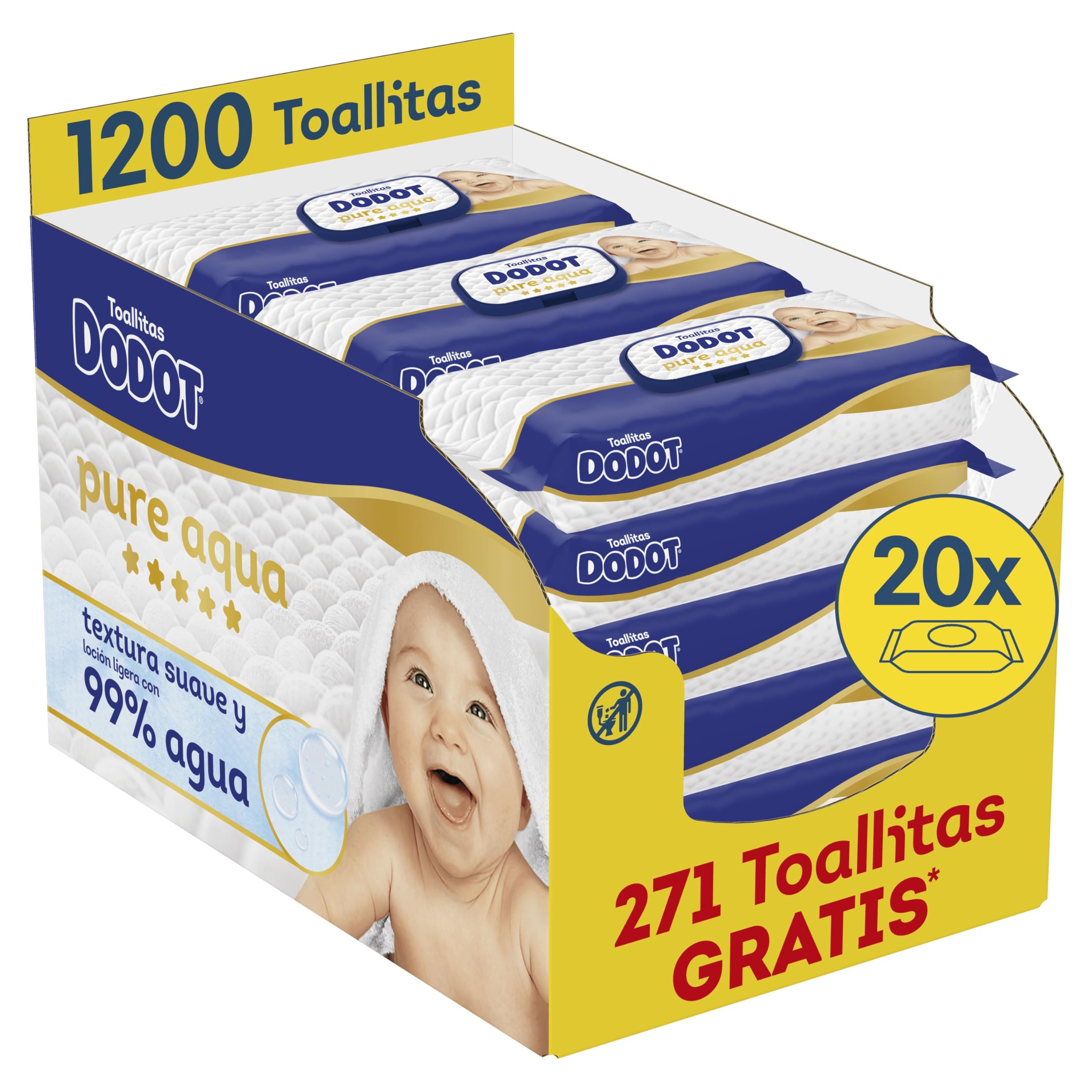 Dodot Pure Aqua Nuevo Toallitas con Textura para Bebé, 20 Paquetes de 60 Unidades = 1200 Toallitas, Textura Suave y Loción con 99% de Agua
