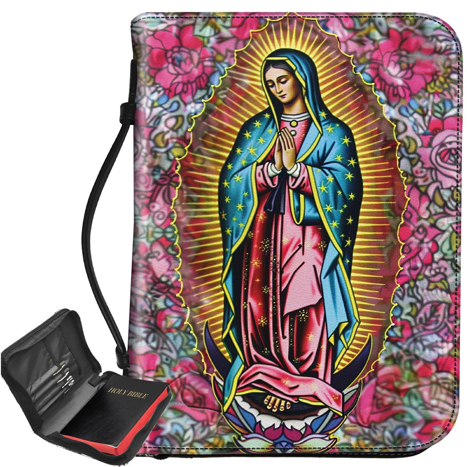 PU Leather Bible Cover Virgin Mary Premium Bible Case with Zipper, Durable Christian Bible Protector for Men Women Bible Holder with Inner Pockets for