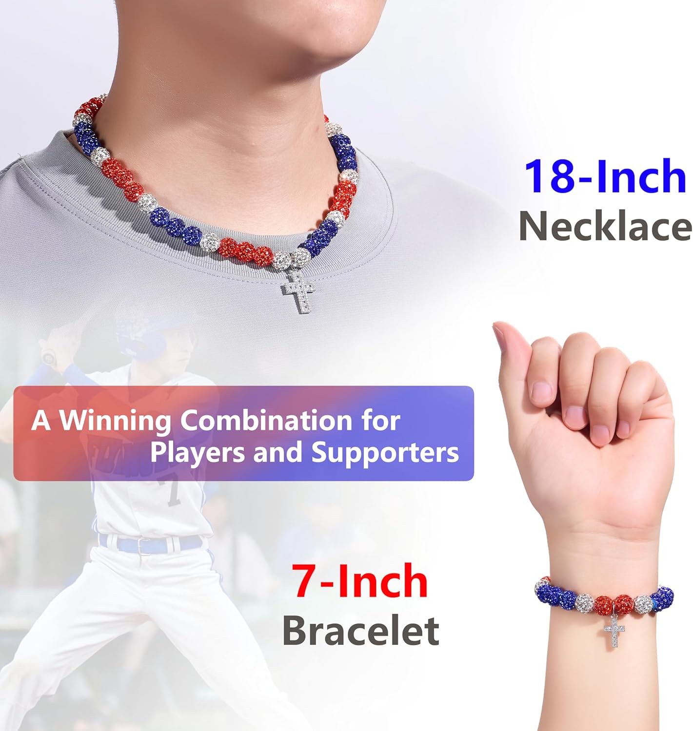 Baseball Necklace 18in Baseball Fan Chain Pollyanna Cross Necklace for Men Women Sparkle Rhinestone Drip Christian Jewelry - Image 3