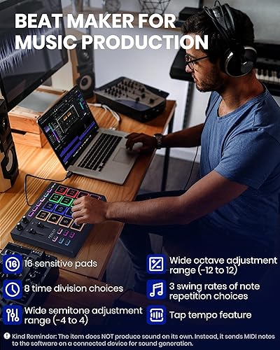 Miniatura 2 de Fesley MIDI Pad Beat Maker, controlador de teclado MIDI USB con 16 almohadillas de batería para principiantes, 2 desvanecedores y perillas