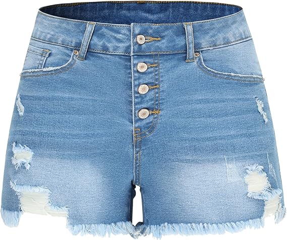 THUNDER STAR Women Mid Rise Ripped Stretchy Jeans Shorts Frayed Raw Hem Casual Denim Shorts