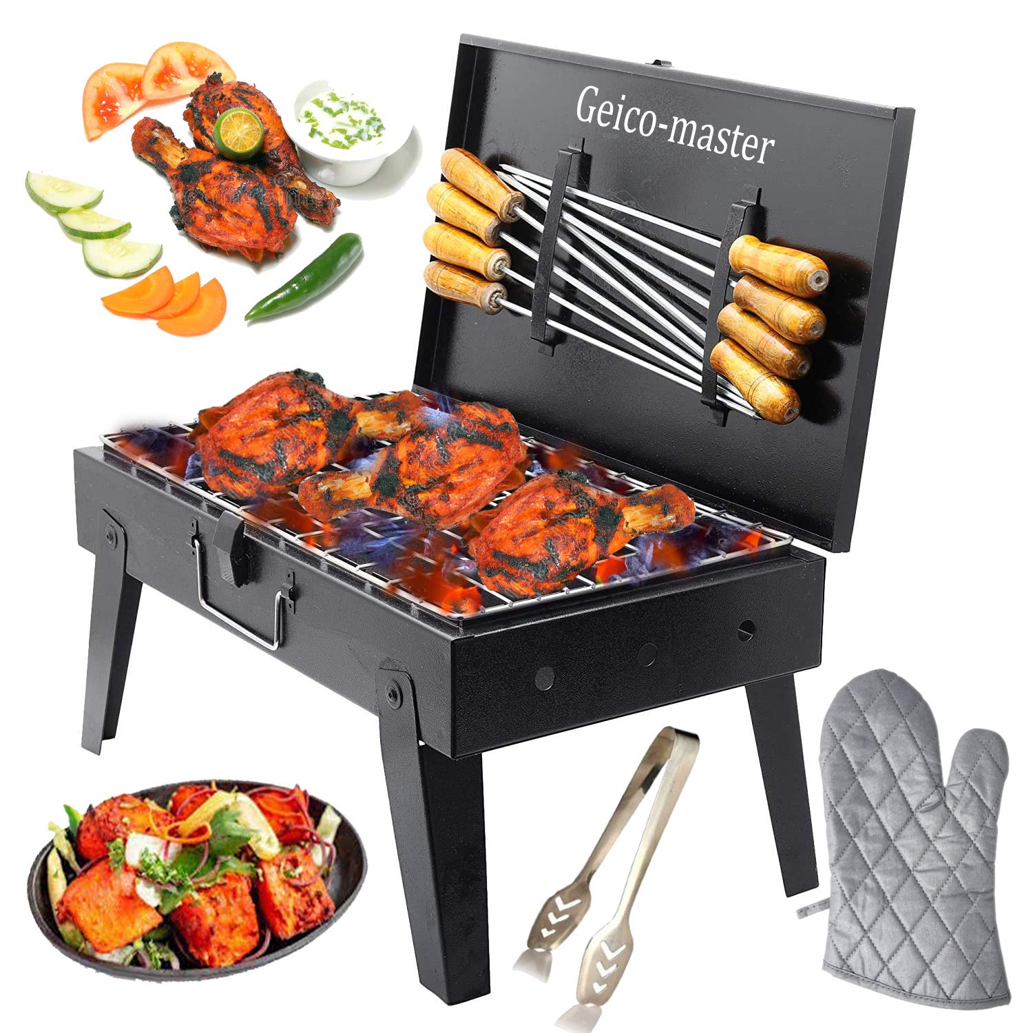 Geico-Master (Device) Traveler Foldable Charcoal Barbeque Grill with 8 Skewers, (Stellar Black)