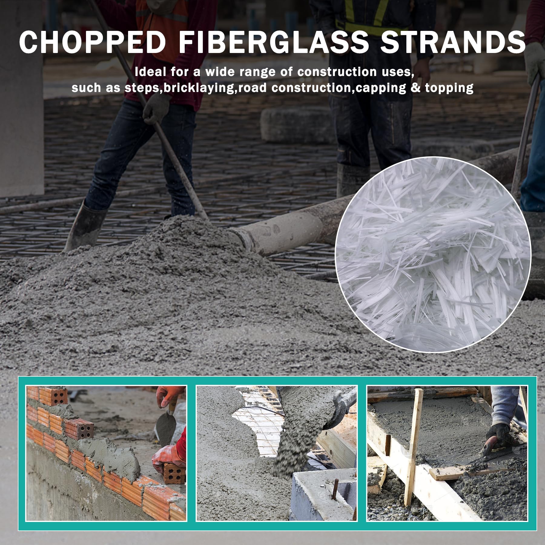 Fibre de verre pour béton, fibre de béton de 1,9 cm de long, fibre de verre hachée AR-Glass pour renforcement du mortier de ciment (blanc, 2 kg)