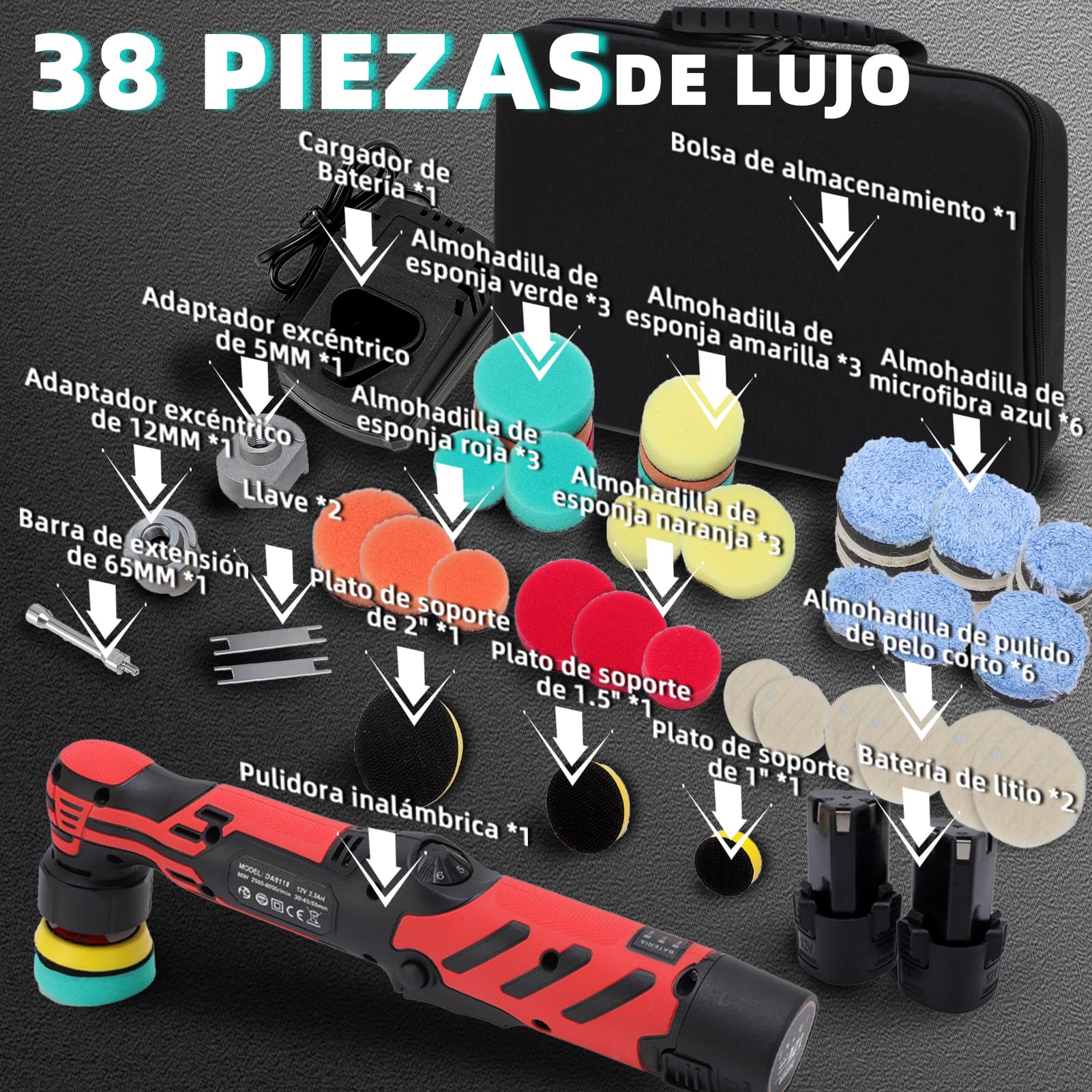 Pulidora Coche Inalámbrica 12V, Mini Pulidora Orbital con 6 Velocidades Ajustables 2500-6000RPM, Kit de Pulido para Quitar Arañazos y Pulir Faros