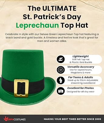 Nicky Bigs Novelties St Patricks Day Hat, Leprechaun Hat, Irish Hats, Green Top Hats, Mens Leprechaun Costume Accessory