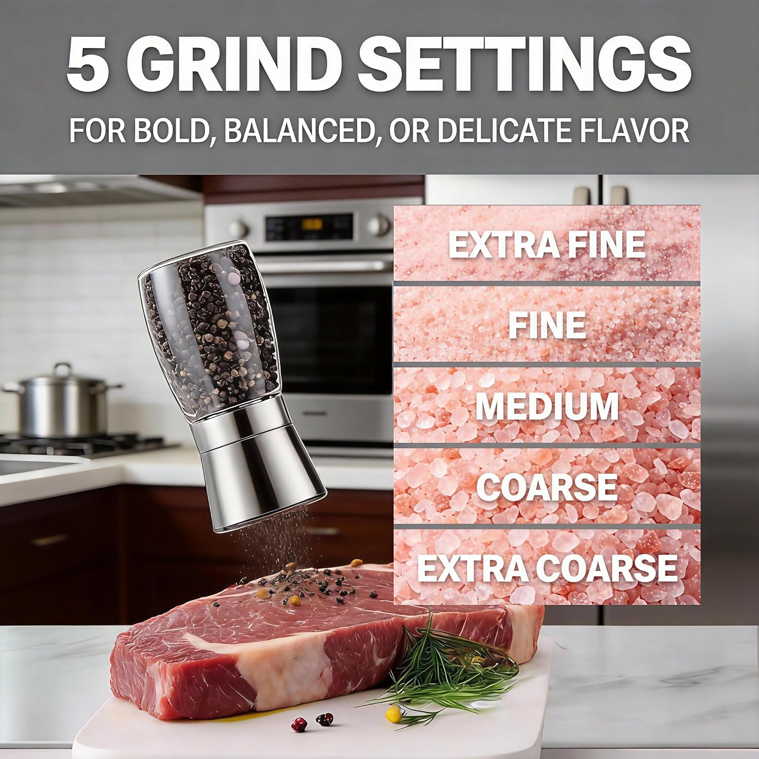 Gorgeous Salt & Pepper Grinder Set — Refillable Stainless Steel & Glass Spice Mill with Adjustable Coarseness — Perfect For Himalayan Or Sea Salts, Fresh Ground Pepper, Or Fresh Spices (1 Pack) image 5