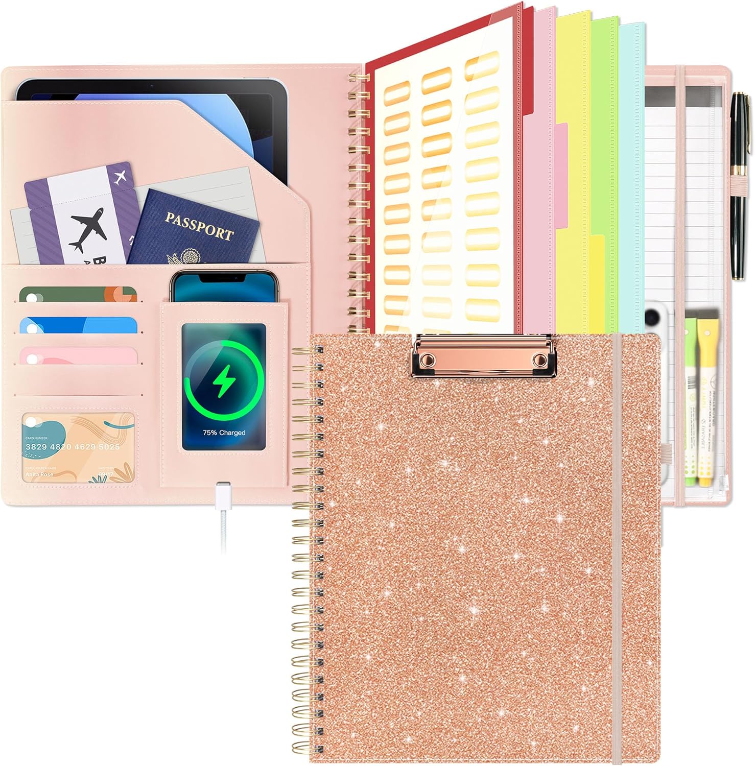 Ospelelf Clipboard with Storage Spiral Clipboard Folio for Letter Size,Organizer Folder with Zipper Pouch and 5 Dividers,Leather Portfolio for Office, School Rose Gold