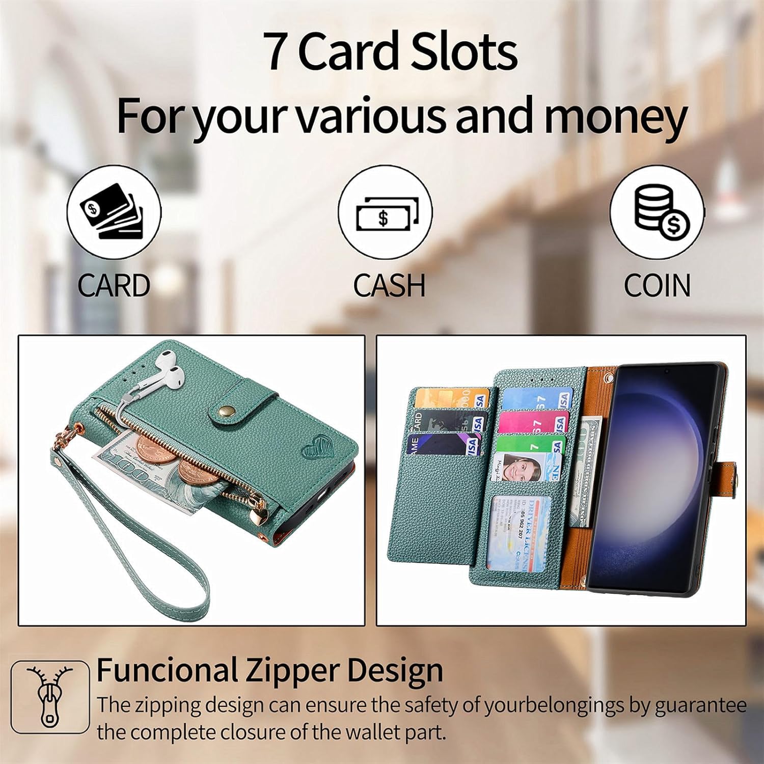 Wallet Case for Samsung Galaxy A17 5G/4G Zipper Pocket Purse with Shoulder Wrist Strap, PU Leather Stand Flip Folio Card Holder Accessories Cell Phone Cover for A 17 17A Women Girls Green