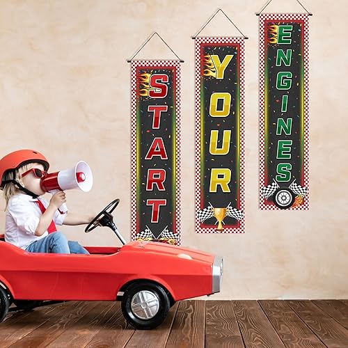 Miniatura 5 de Tiamon 3 pancartas para fanáticos de las carreras, decoración de cumpleaños de coches de carreras, bandera colgante a cuadros, bandera de camión