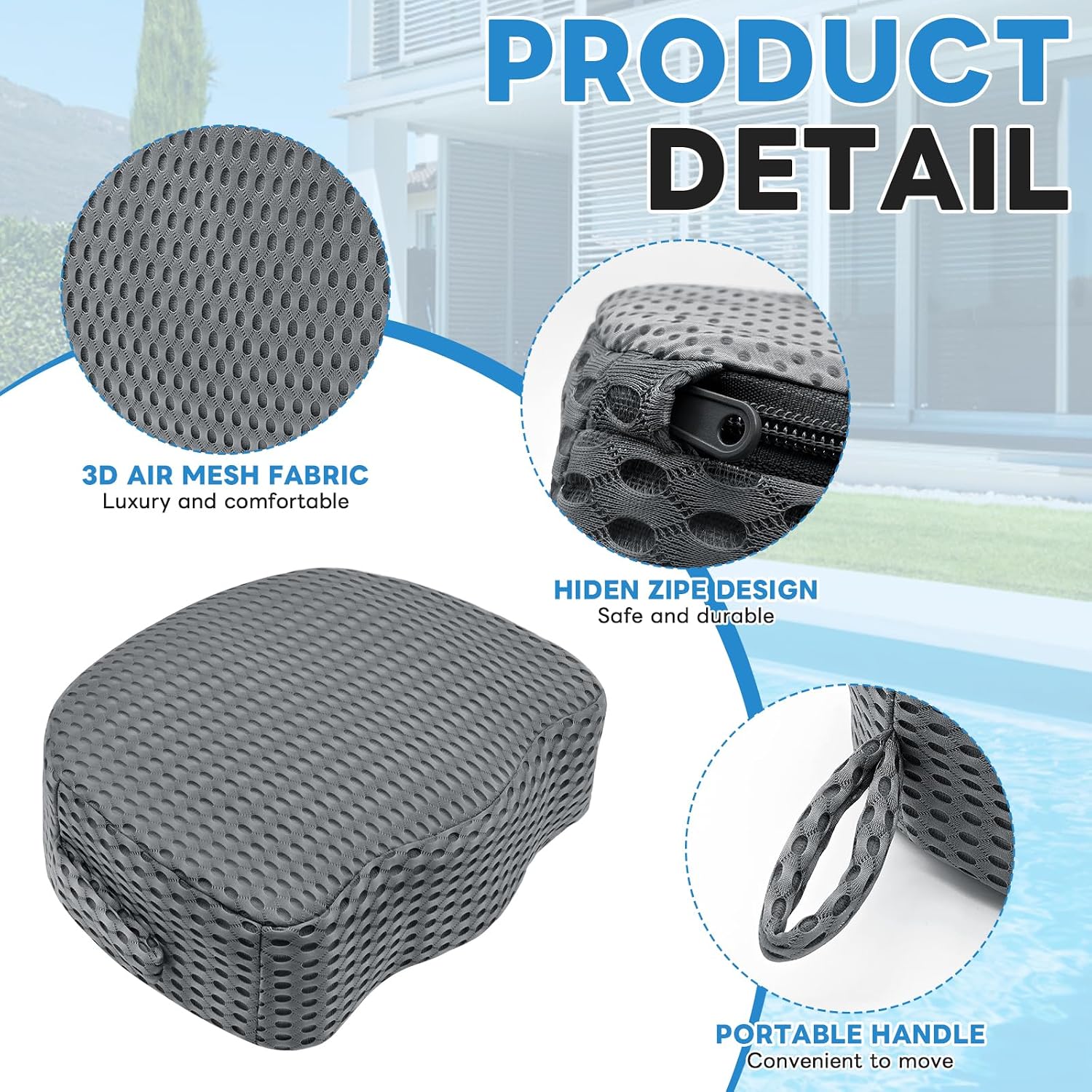 Hot Tub Booster Seat for Adults, Weighted 5" Extra Thick Spa Cushion, 4+ lbs Core Stays Submerged No Floating, 3D Air Mesh Quick Dry, Non-Slip Seat Riser for Jacuzzi, Bathtub & Outdoor Spa(Grey)