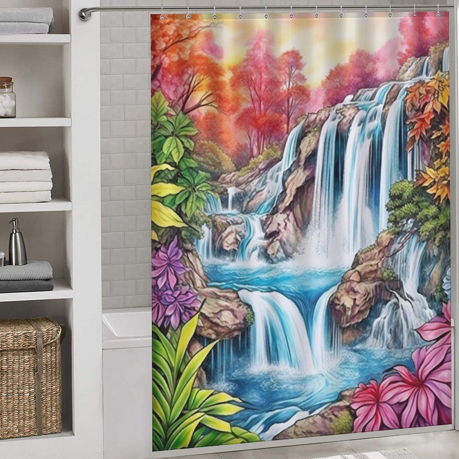 Waterfall Shower Curtain Polyester Fabric Waterproof Shower Curtain Liner, 3D Pattern for Shower Stall, Bathroom Curtains with 12 PCS Hooks 66x72Inch（168x183cm）