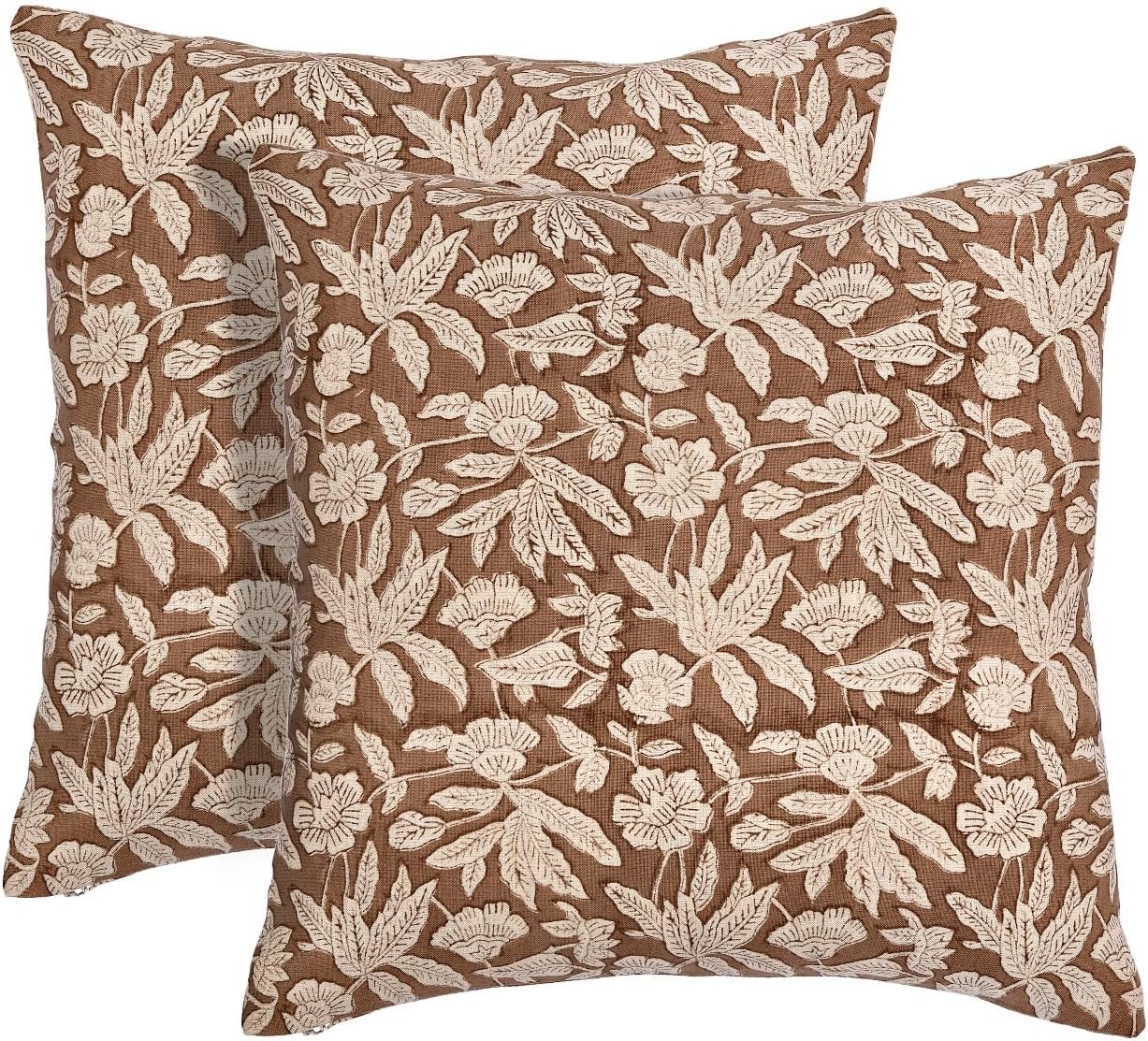 Block Print Pillow Covers 18x18 Set of 2, Handcrafted Heritage Floral Cotton Linen Boho Decorative Farmhouse Throw Cases for Sofa Couch Bed, Brown Studio