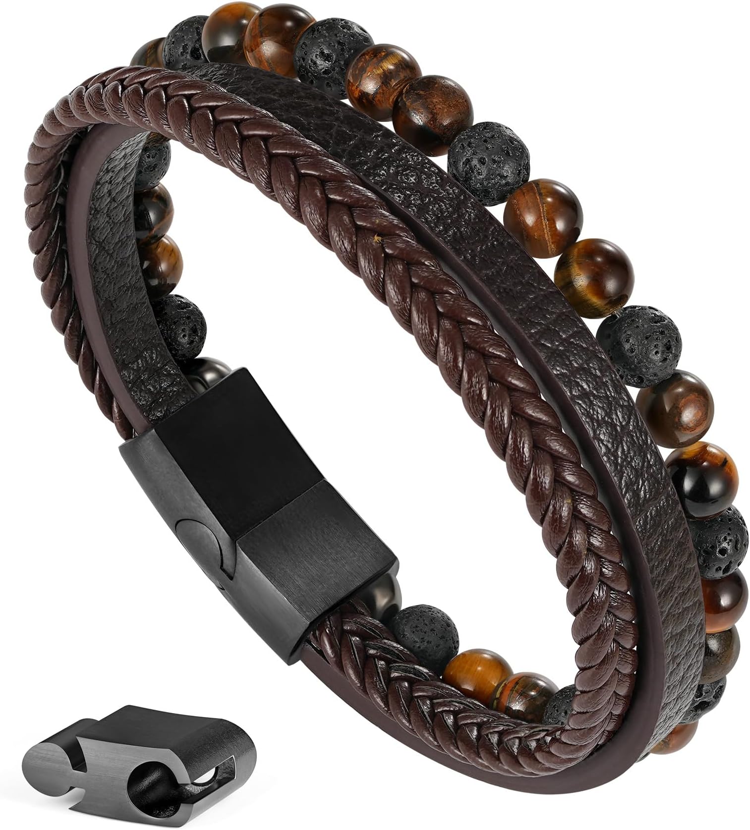 Gifts for Men - Mens Bracelet, Braided Leather Beaded Bracelets Mens Jewelry 6mm Tiger Eye Lava Rock Stone Handmade Bracelet With Adjustable Magnetic Clasp
