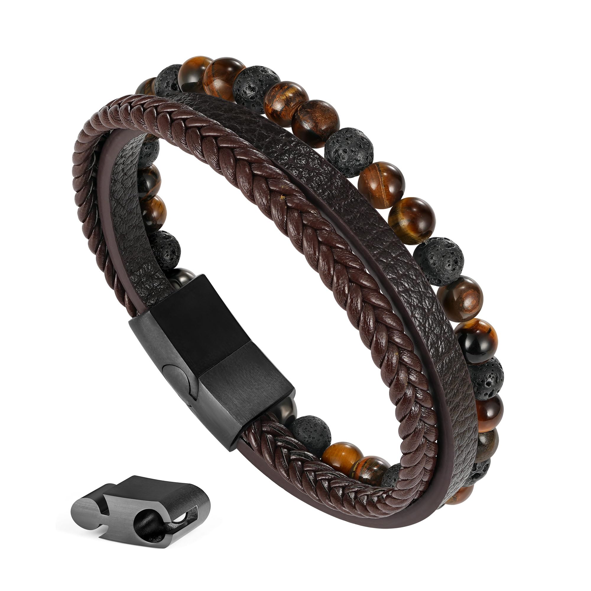 Gifts for Men - Layered Leather Beads Bracelet, Tiger Eye Lava Rock Stone Braided Leather Bracelets for Men Adjustable Magnetic Clasp Birthday Gifts