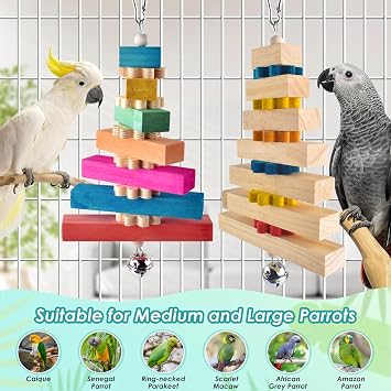 DBNESS Bird Toys, 2 Pcs 12.6in Parrot Chewing Toys for Beak Grinding and Colorful Natural Wooden Block Bird Cage Accessories for Medium Cockatiels African Greys Senegals Amazons
