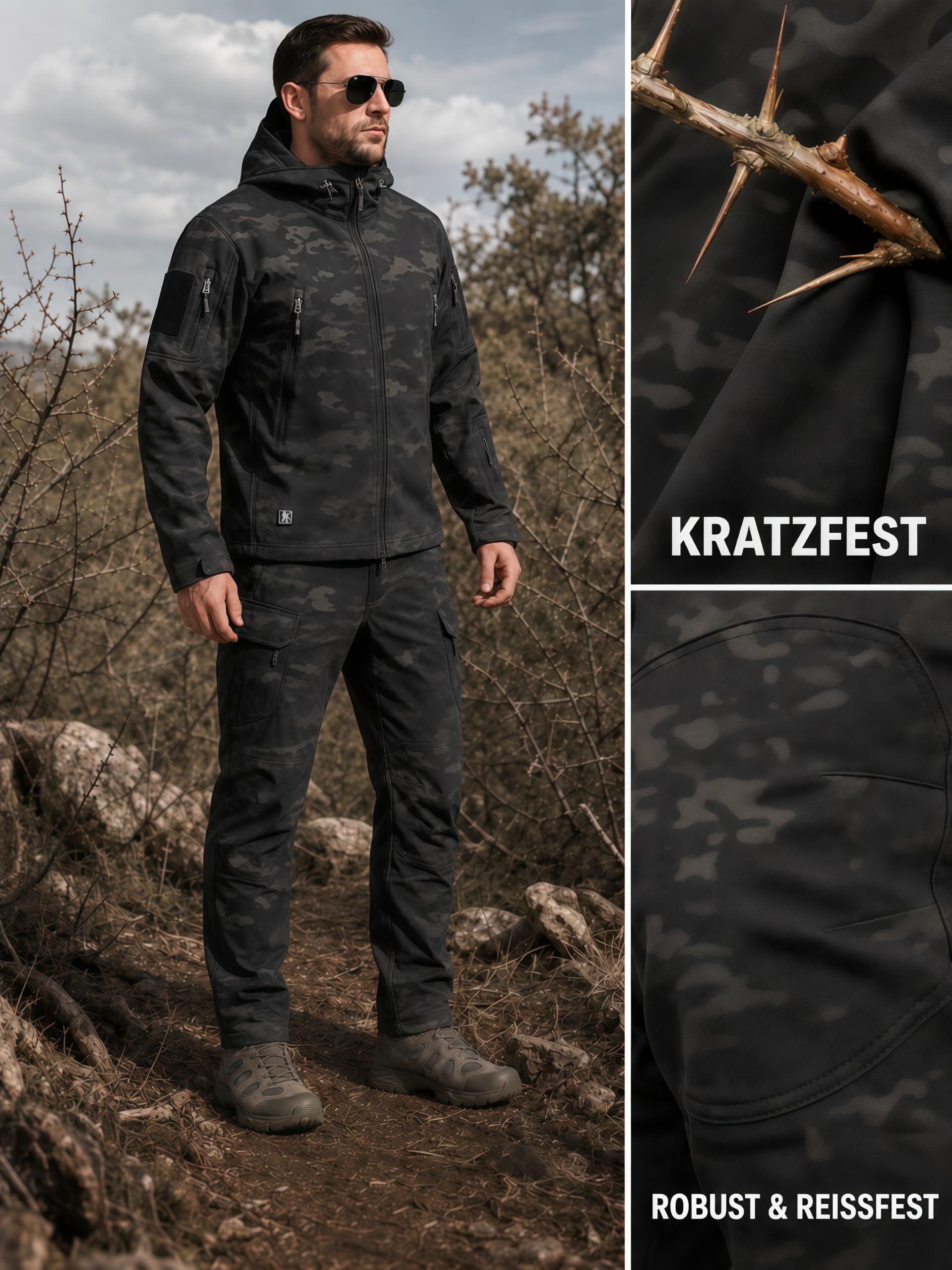 2-Teiliger Taktischer Anzug Herren Softshell | Winter Outdooranzug-Set | Wasserdichte Skijacke & Hose Militär Skianzug für Wandern Jagd Angeln Airsoft Paintball Security Fleece Kampfanzug