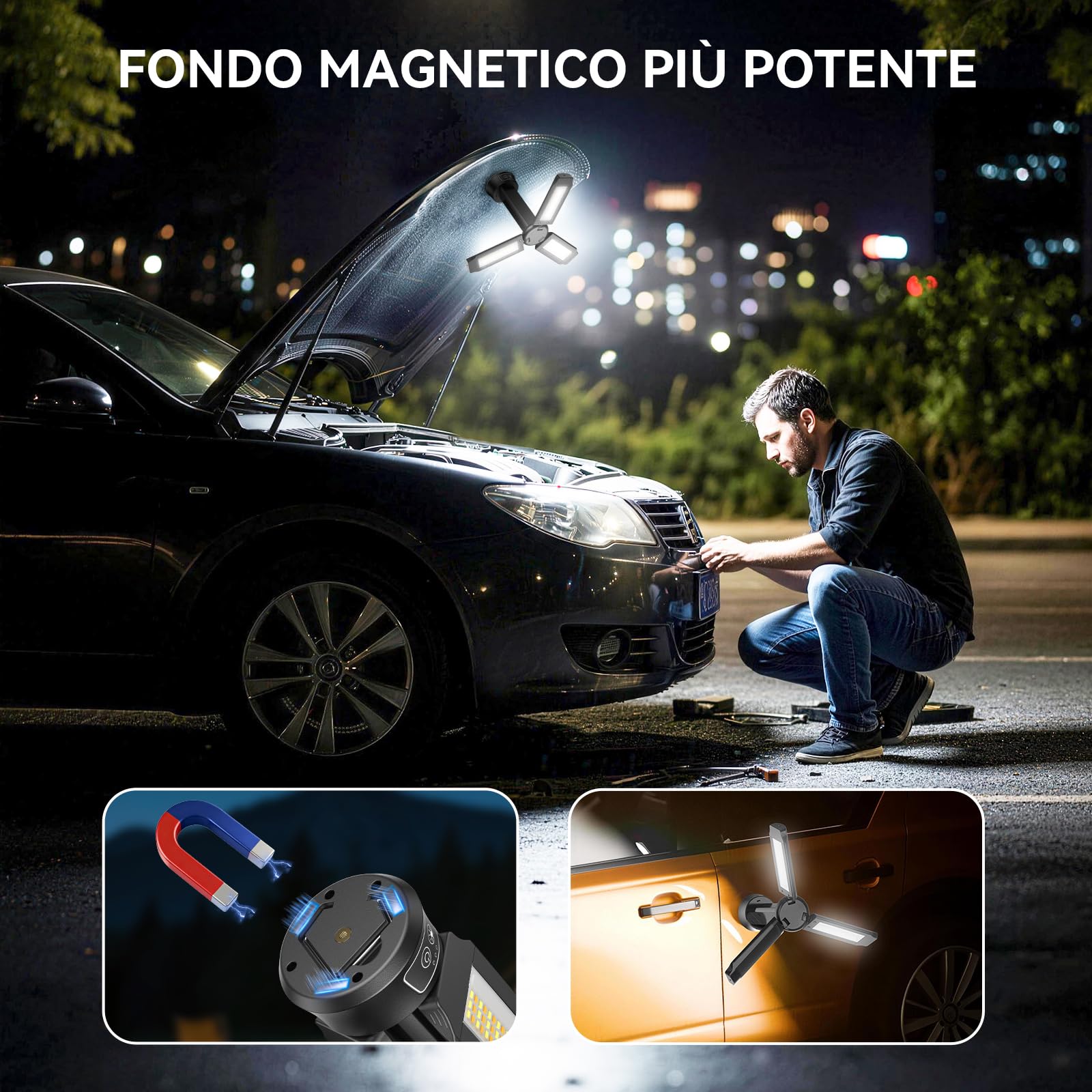 15000 mAh Proiettore LED Ricaricabile con Telecomando, 5000LM Faretto LED da Cantiere Dimmabile, 5 Modalità, Treppiede Regolabile 2,08 m, Lampada da Campeggio Regolabile con Borsa da Trasporto