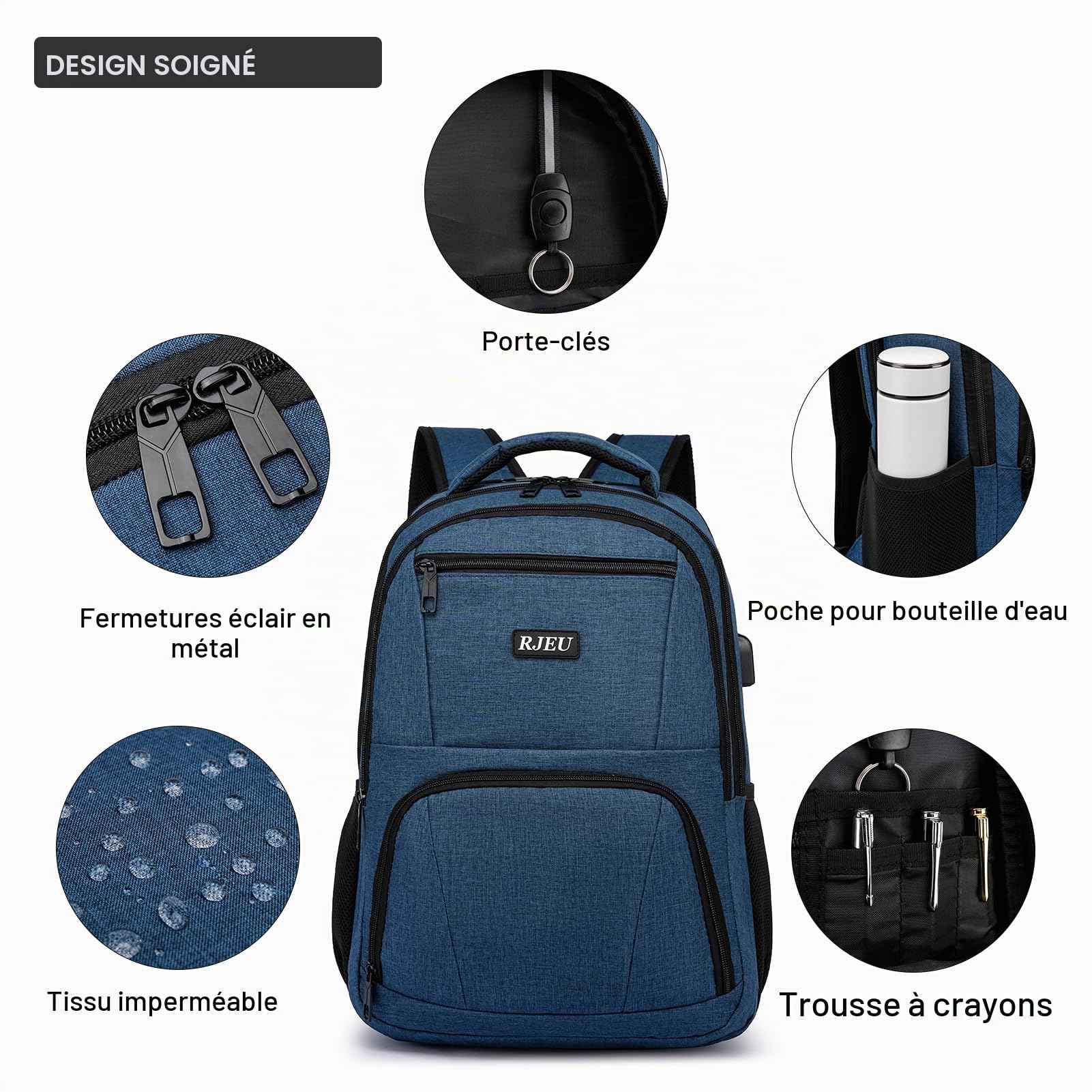 Sac a Dos Homme, Sac à Dos Ordinateur Portable 15.6 Pouces avec USB Charging Port Imperméable Antivol, Sac a Dos Ecole pour Loisir, College, Affaire