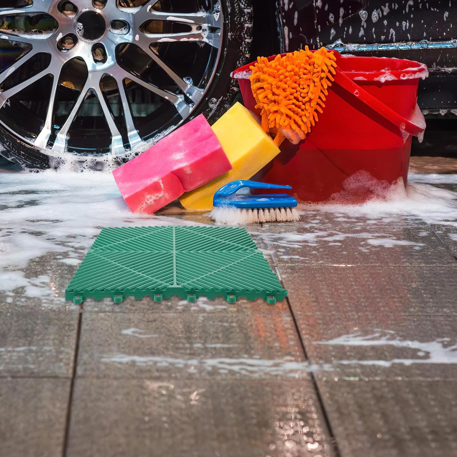 4PCS Interlocking Floor Mats: Heavy-Duty Drainage Tiles 16x16 - Waterproof Modular Grid Pads - Non-Slip Outdoor Cushion Mats for Garage and Balcony