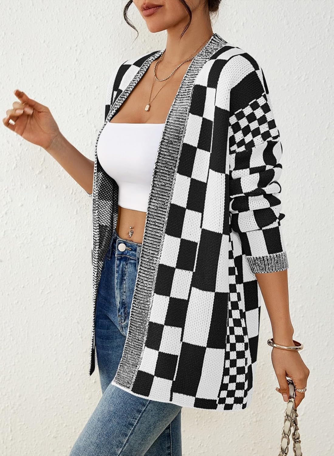 Pink Queen 2026 Checkered Cardigan Sweaters for Women Casual Long Sleeve Plaid Knit Outwear Coats with Pockets - Image 4