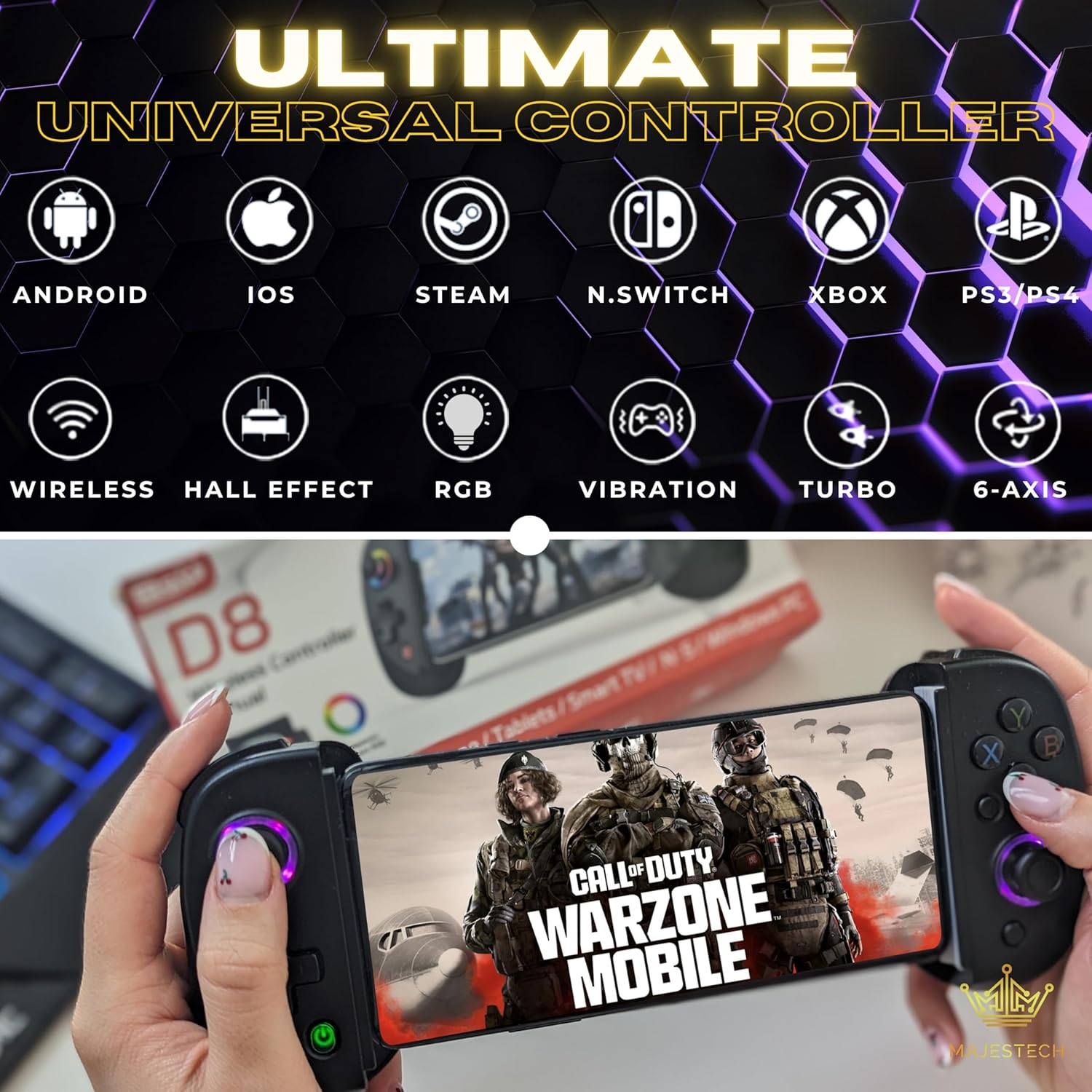 MAJESTECH NEW D8 Mobile Gaming Controller for iPhone/Android/iPad/Tablet, Play Xbox Cloud, Playstation Remote Play, Steam/PC, Switch! RGB Hall Joystick/Trigger Wireless Bluetooth Phone Game Controller