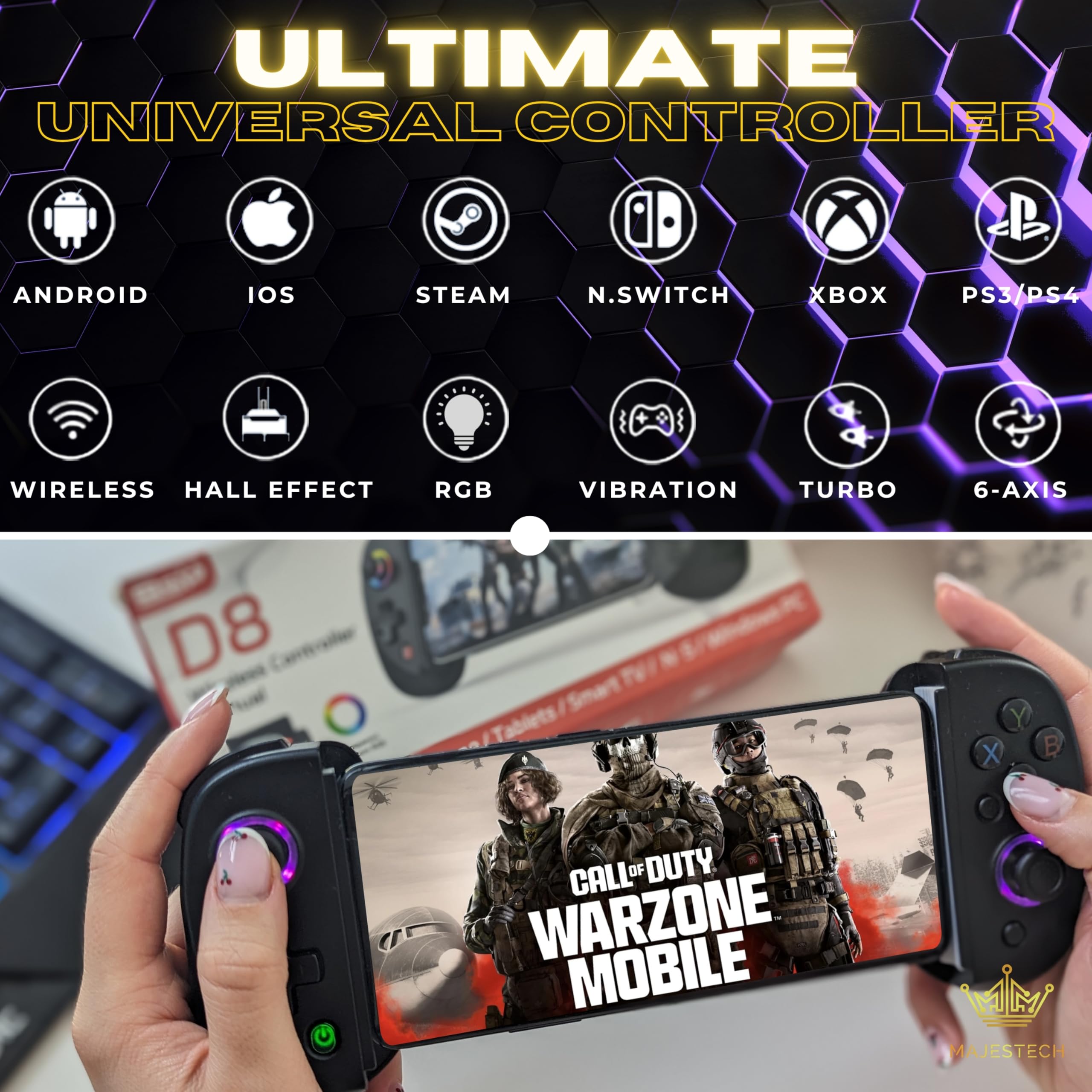 MAJESTECH NEW D8 Mobile Gaming Controller for iPhone/Android/iPad/Tablet, Play Xbox Cloud, Playstation Remote Play, Steam/PC, Switch! RGB Hall Joystick/Trigger Wireless Bluetooth Phone Game Controller