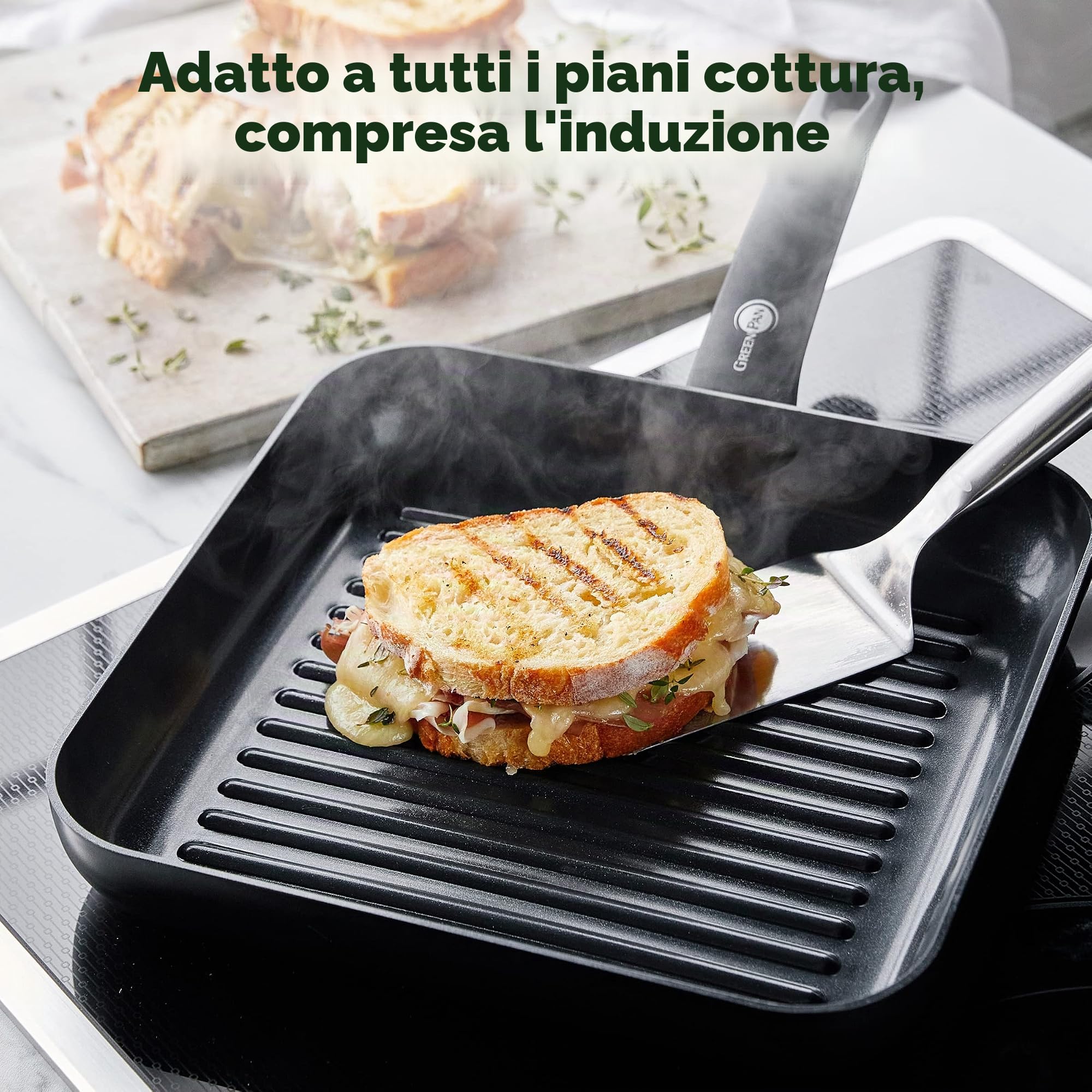 GreenPan Cambridge Padella per Grigliare Quadrata in Ceramica Antiaderente da 28 cm, senza PFAS, Induzione, Lavabile in Lavastoviglie, Forno, Nera