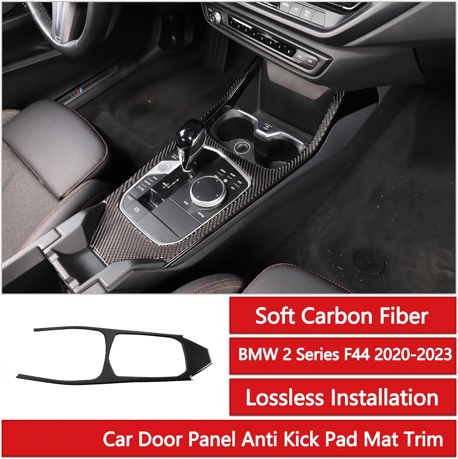 Car Center Console Gear Shift Panel Trim Frame Compatible with BMW 2 Series F44 2020-2023 Soft Carbon Fiber 1PCS Gear Shift Knob Panel Cover Trim Accessories (Black Carbon)