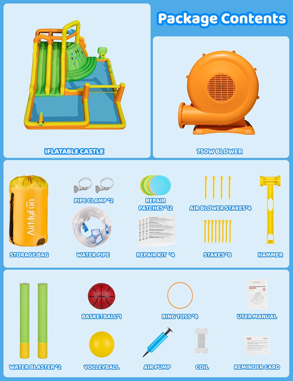 AirMyFun Inflatable Water Slide for Kids Backyard, 10 in 1 Water Park with Double Long Slides, Climbing Wall, Basketball Hoop, Water Cannon, Inflatable Water Bounce House with Blower