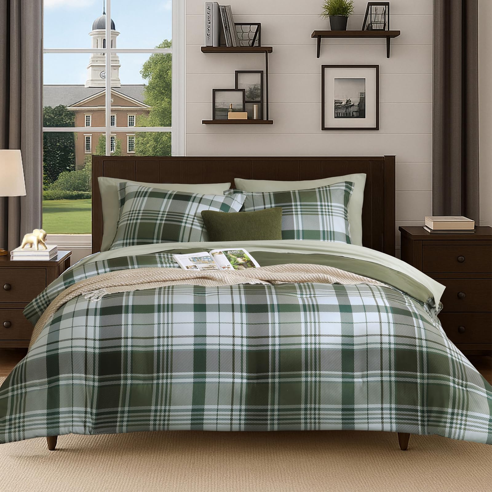MaiRêve Plaid Queen Comforter Sets Olive Green, Classic Farmhouse Bedding Set Bed in a Bag 7 Pieces, Lightweight All Season Comforter Set with Fitted
