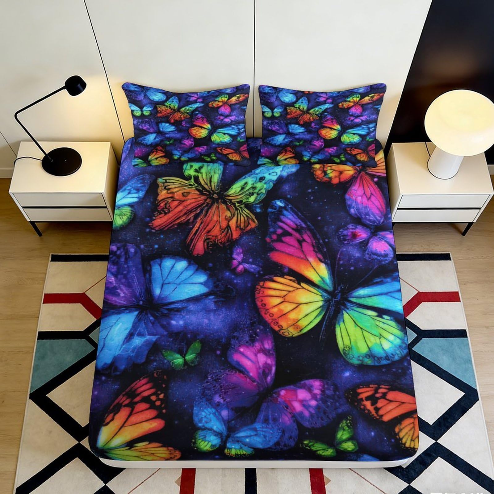 3D Printed Colorful Butterfly Fitted Sheet Microfiber Soft Breathable Vibrant Wings Bed Cover for Bedroom Dormitory Guest Room Mattress Protection 200x200x25cm