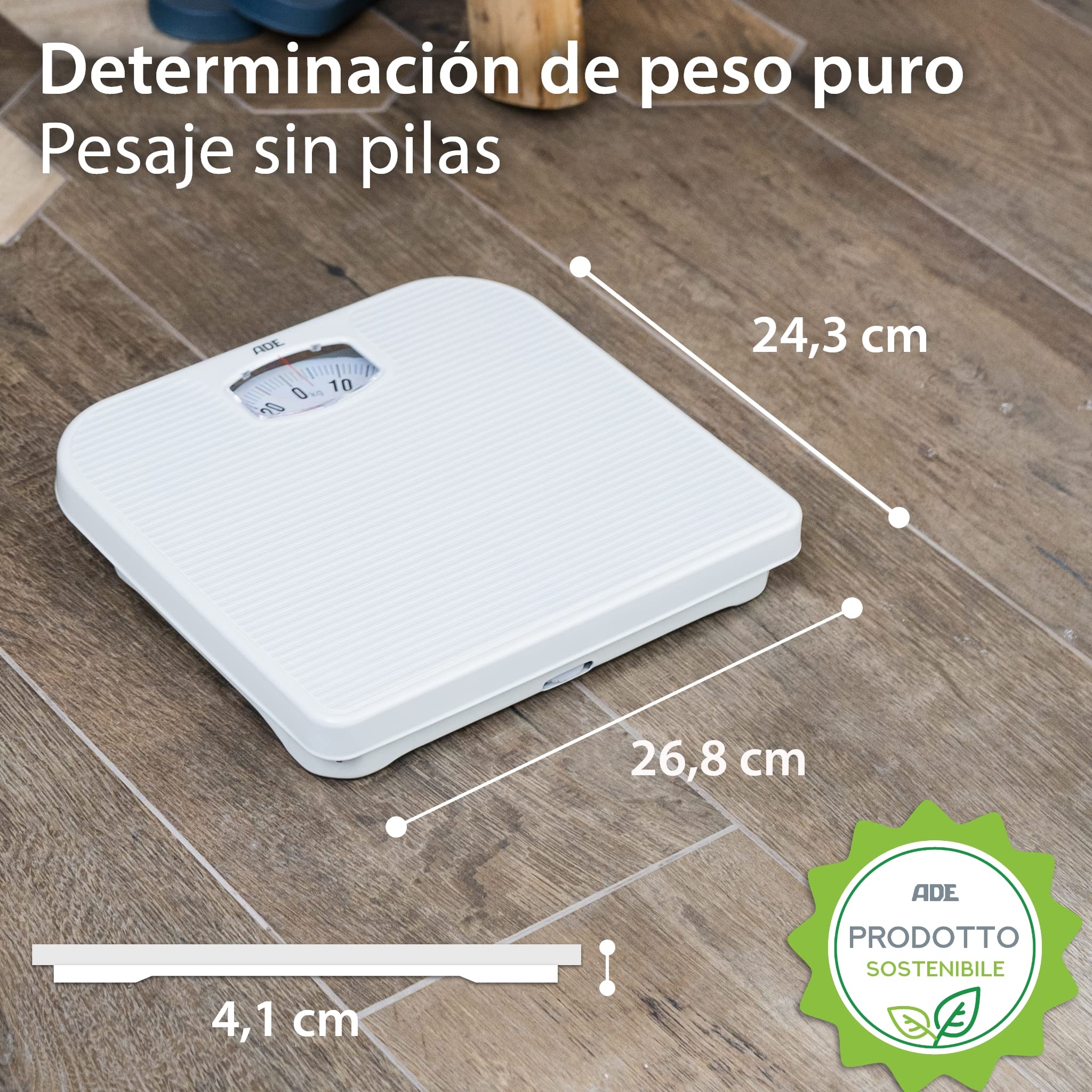 ADE Báscula analógica/mecánica de baño | fabricada en plástico ABS en color blanco brillante | mecanismo de metal sólido, escala de fácil lectura | Blanco