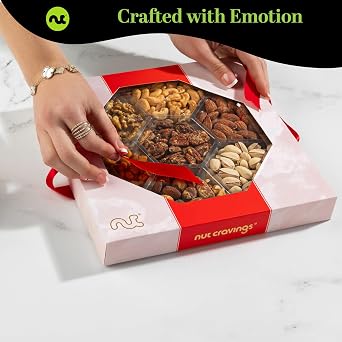NUT CRAVINGS - Fathers Day Treats, Gift For Dad, Mixed Nuts Gift Basket in Red Gold Box (7 Assortments, 1 LB) Treats for Adults, Food Arrangement, Healthy Snack Care Package, Kosher