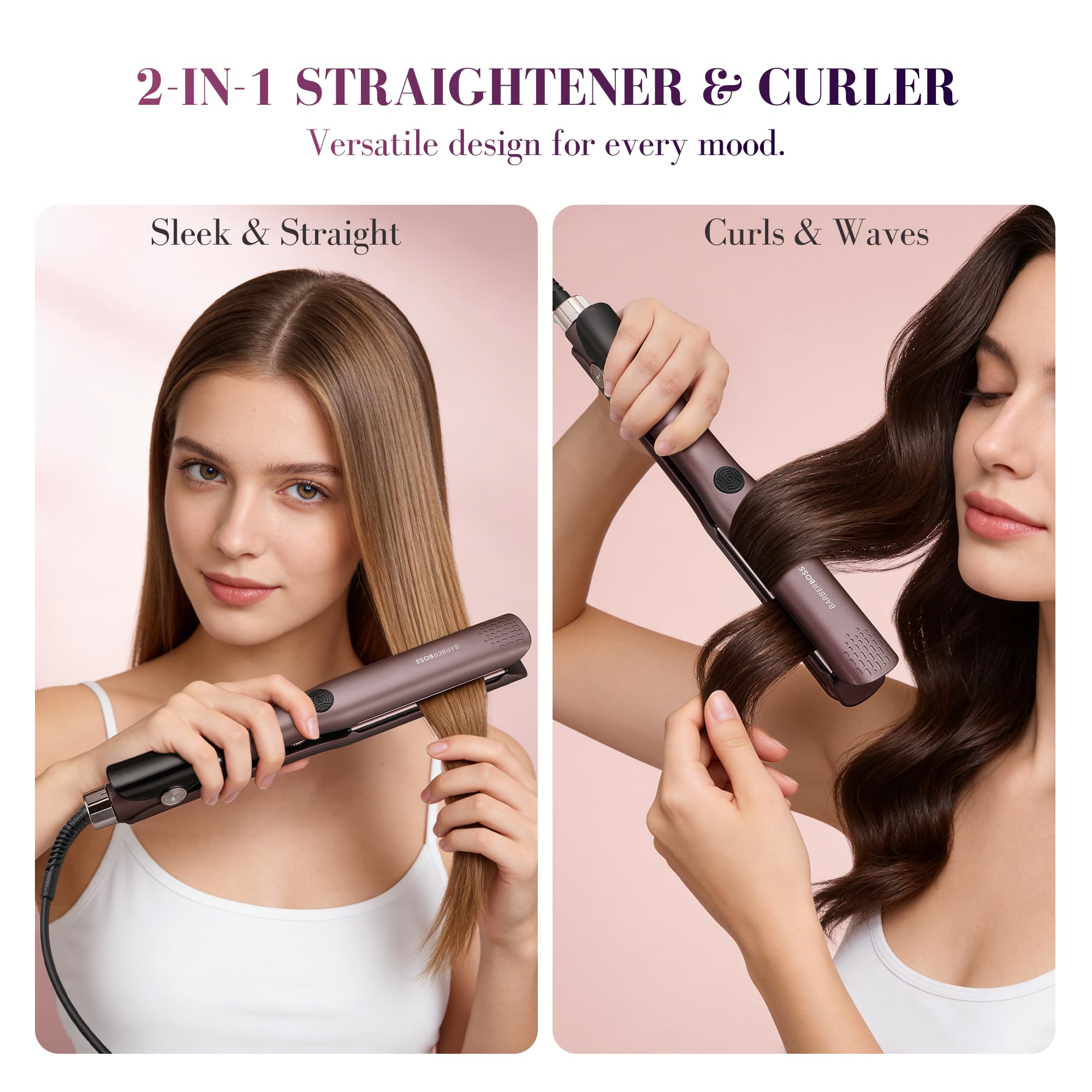 BarberBoss Piastra professionale per capelli in ceramica con piastre mobili, tecnologia ionica e cheratina per tutti i tipi di capelli, piastra per capelli lisci (QR-8411, viola)