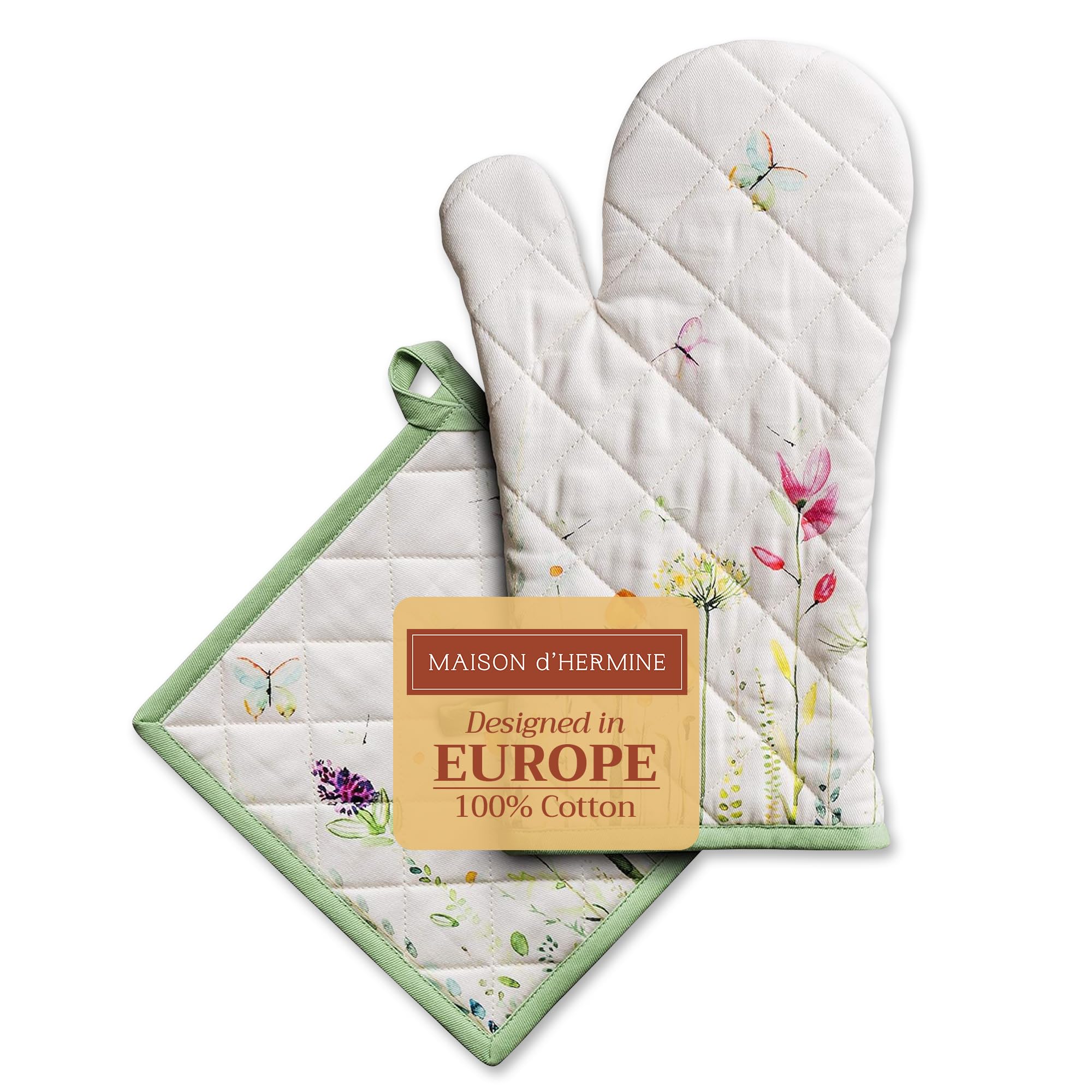 Maison d' Hermine 100% Cotton Oven Mitt & Pot Holder Set (7.5"x13" & 8"x8") Heat Resistant BBQ Cooking Gloves with Loop, Baking, Grilling, Kitchen, Handling Hot Pans Spring/Summer (Botanical Fresh)
