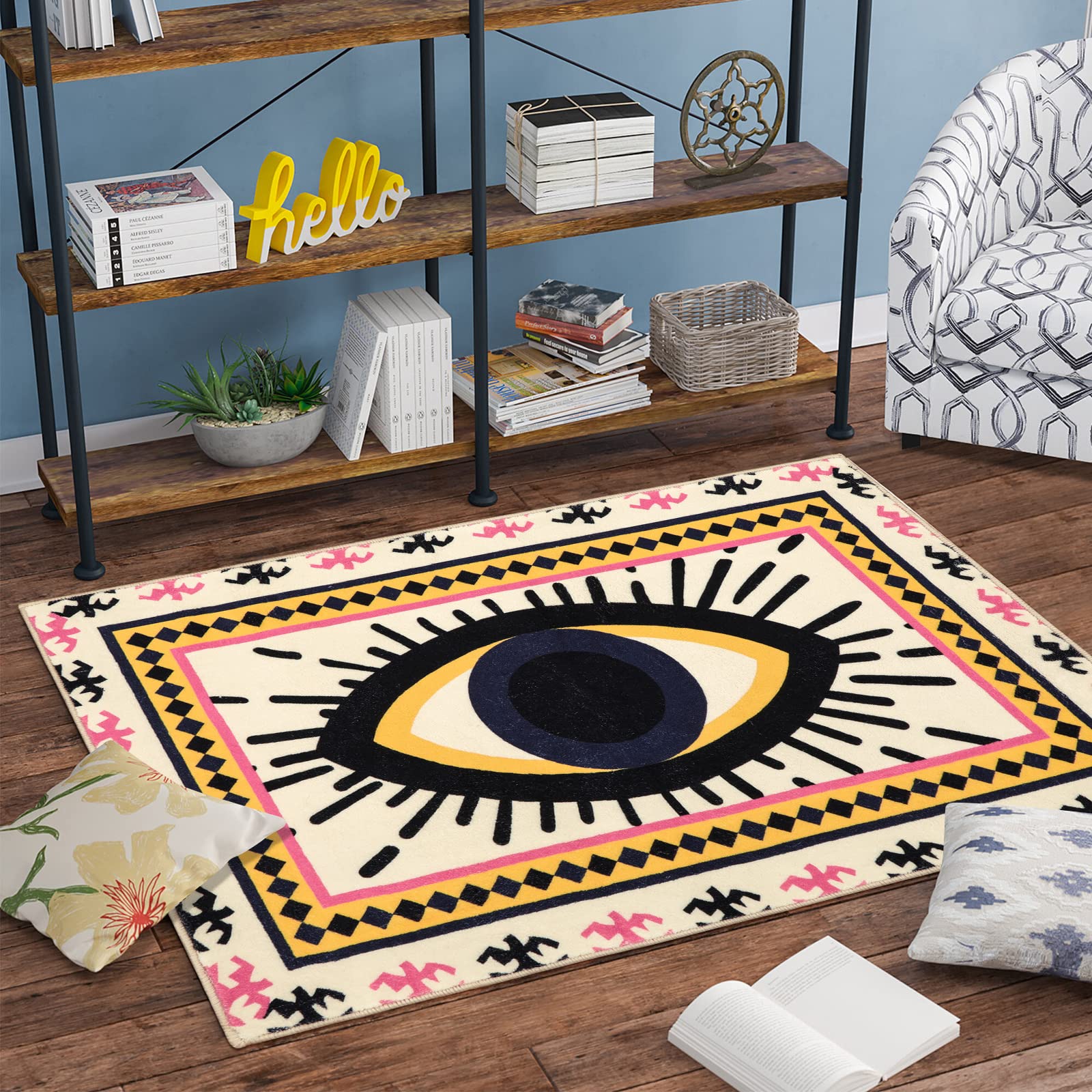 HAOCOOEvil Eye Area Rugs 3’x4.9’, Large Non-Slip Boho Rug Washable Chic Creative Distressed Vintage Bedroom Rug, Soft Velvet Tribal Carpet Floor Mat Kitchen Rugs for Living Room Laundry Room Hallway