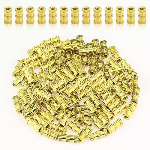 HELIFOUNER 100 piezas de insertos de tuerca de latón, insertos roscados moleteados, piezas de incrustación, tuercas de incrustación, tuercas de