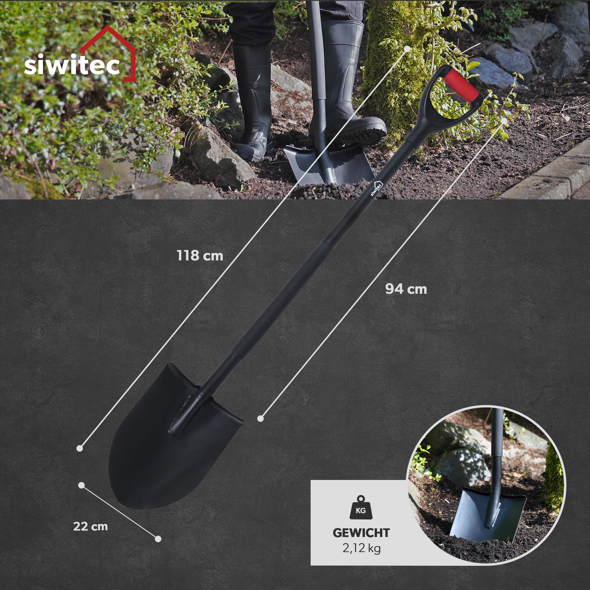 siwitec Gartenspaten rund SG-220 aus Stahl für weiche, steinarme Böden | ergonomischer Spaten | Länge: 118 cm | Schwarz | Garten | Schaufel | Gärtnerspaten