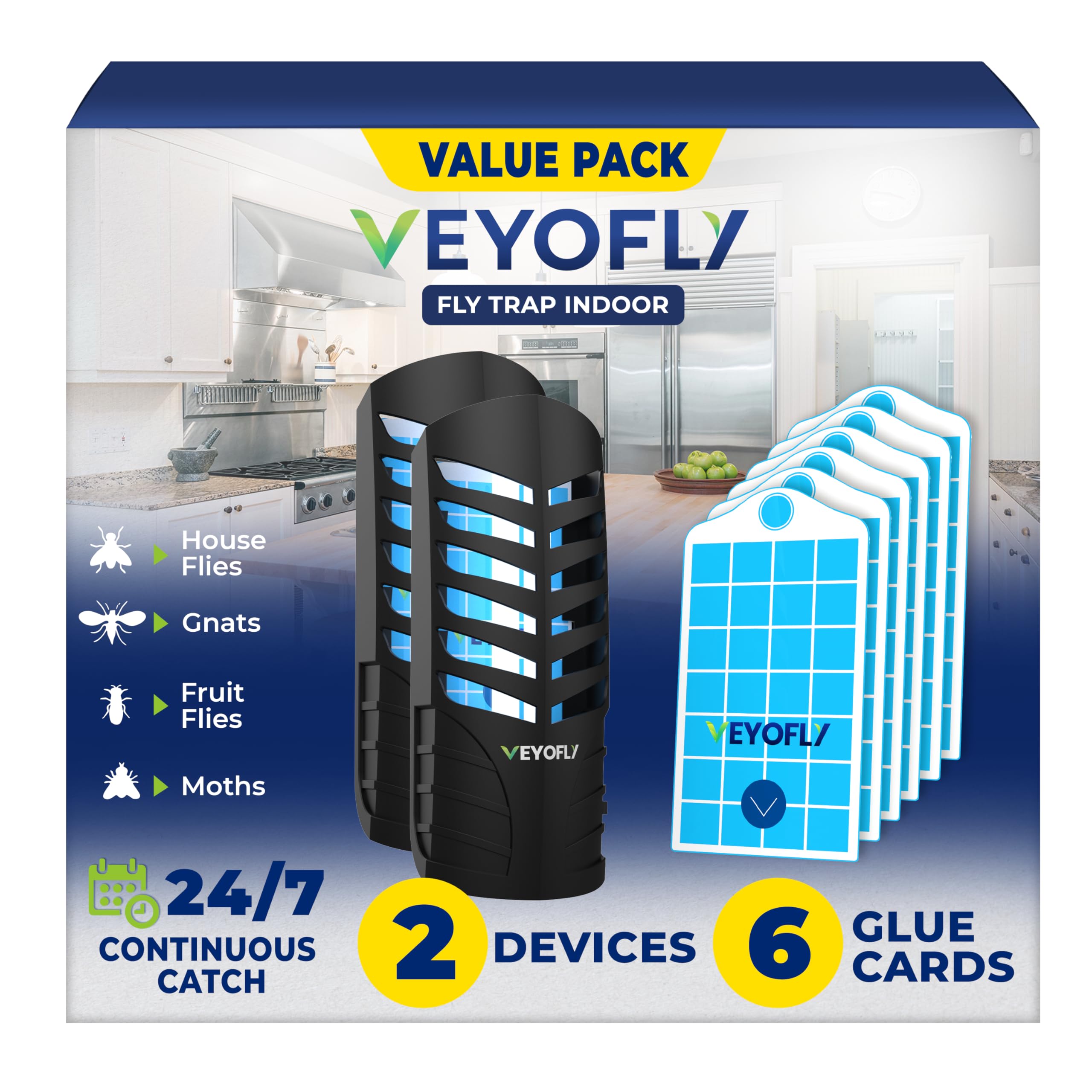 VEYOFLY Fruit Fly Traps for Indoors, Fly Trap Indoor, (2 Device + 6 Refills) Fly Catcher Indoor, Gnat Traps for House Indoor, Fly Trap, Plug in Light Flying Insect Trap, Bug Killer