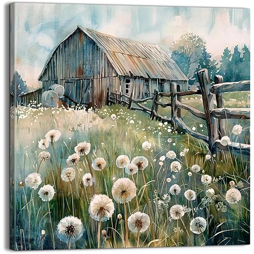 YUEYARIT Farmhouse Decor Dandelion Wall Art Rustic Pictures Canvas Art Prints, Bathroom or Kitchen Gifts, Ideal Flower Artwork for Living Room